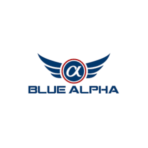 Logo of Blue Alpha with the Greek letter alpha in the center of a circle flanked by blue wings, and the text "Blue Alpha Concealed Gear" below.